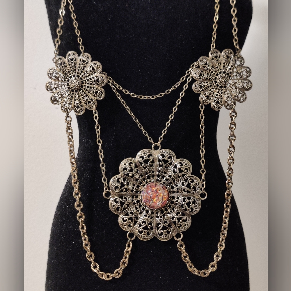 Vintage Filigree Festoon Necklace Gilt Brass Opal Glass